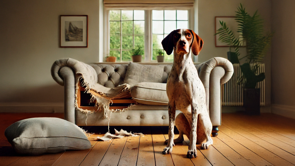 cachorro pointer sentado na sala de estar com sofa rasgado